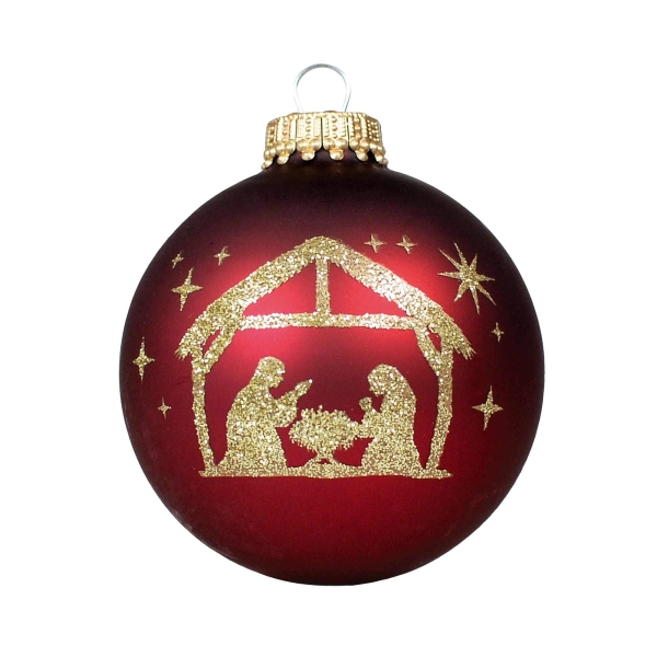 Christbaumkugel rot , Krippe, Glitzerdruck