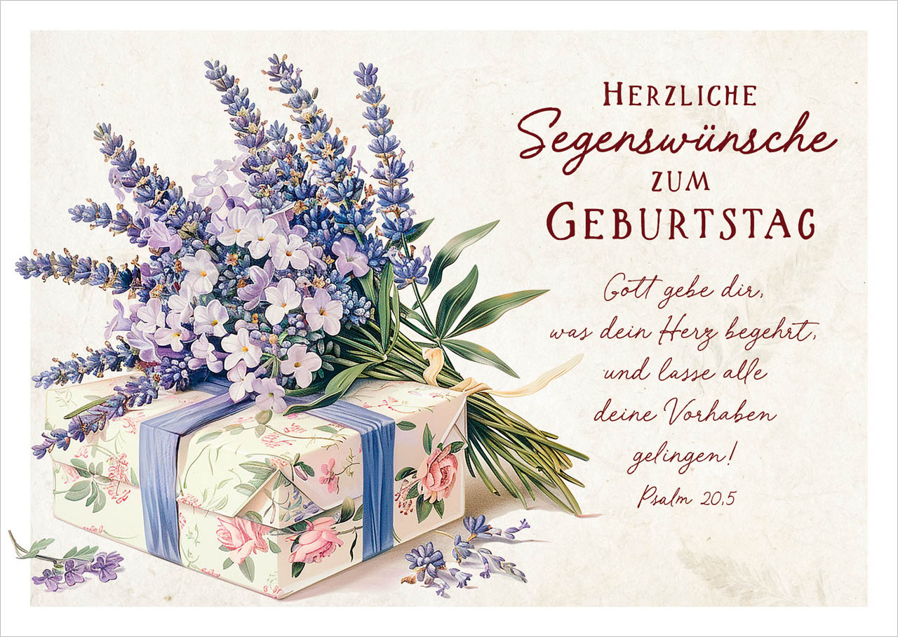 Postkarte - Herzliche Segenswünsche zum Geburtstag - Geschenk mit Lavendel