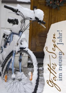 Postkarte zum Neuen Jahr - Fahrrad im Schnee